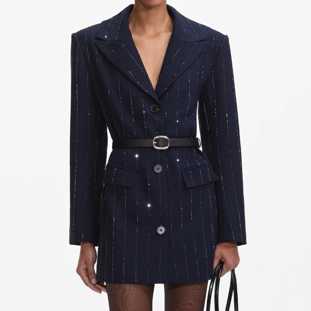 Self Portrait Navy Rhinestone Pinstripe Blazer CLOTHING