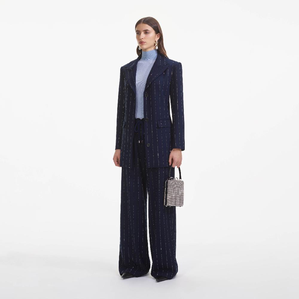 Self Portrait Navy Rhinestone Pinstripe Trousers CLOTHING