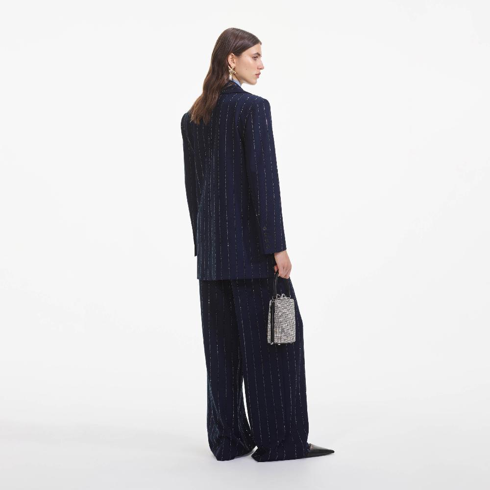 Self Portrait Navy Rhinestone Pinstripe Trousers CLOTHING