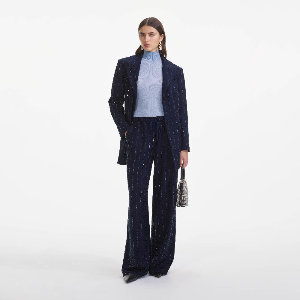 Self Portrait Navy Rhinestone Pinstripe Trousers CLOTHING