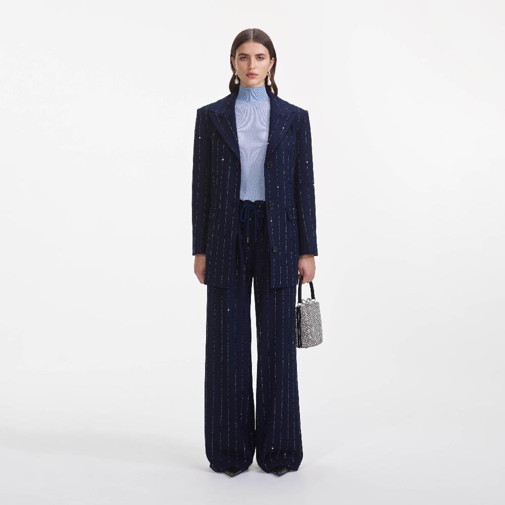 self portrait Navy Rhinestone Pinstripe Trousers CLOTHING