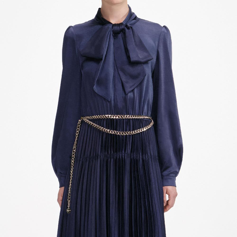 Self Portrait Navy Satin Tie Neck Maxi Dress CLOTHING