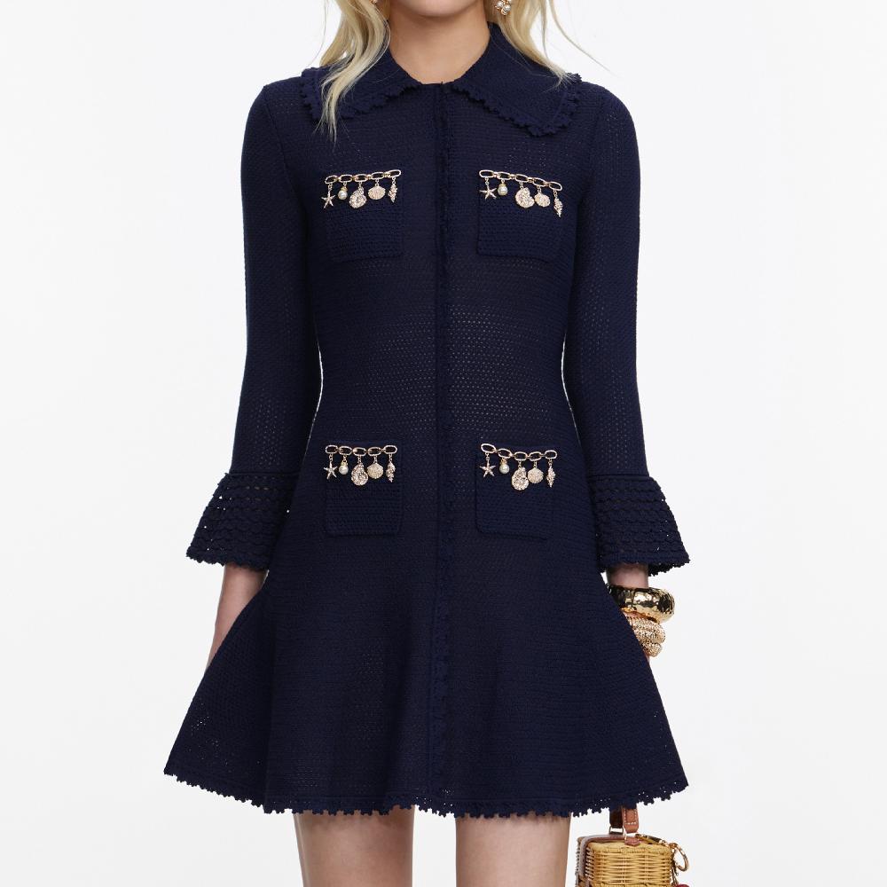 Self Portrait Navy Shell Embellished Knit Mini Dress CLOTHING