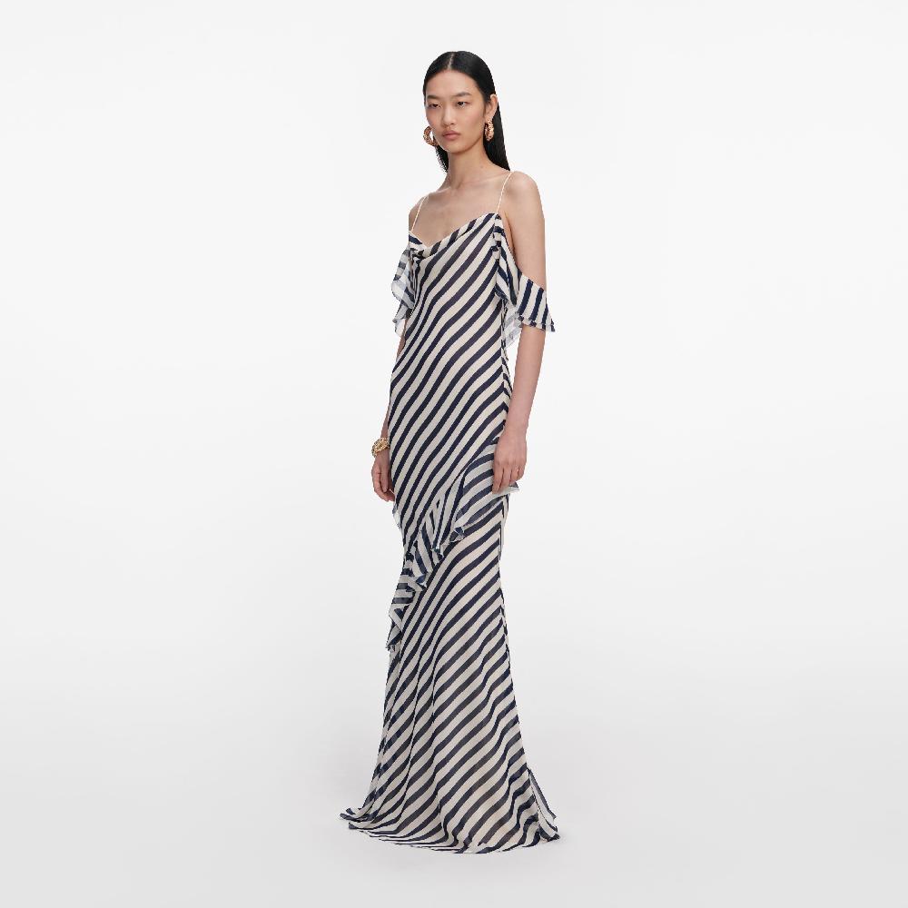 Self Portrait Navy Stripe Georgette Maxi Dress CLOTHING