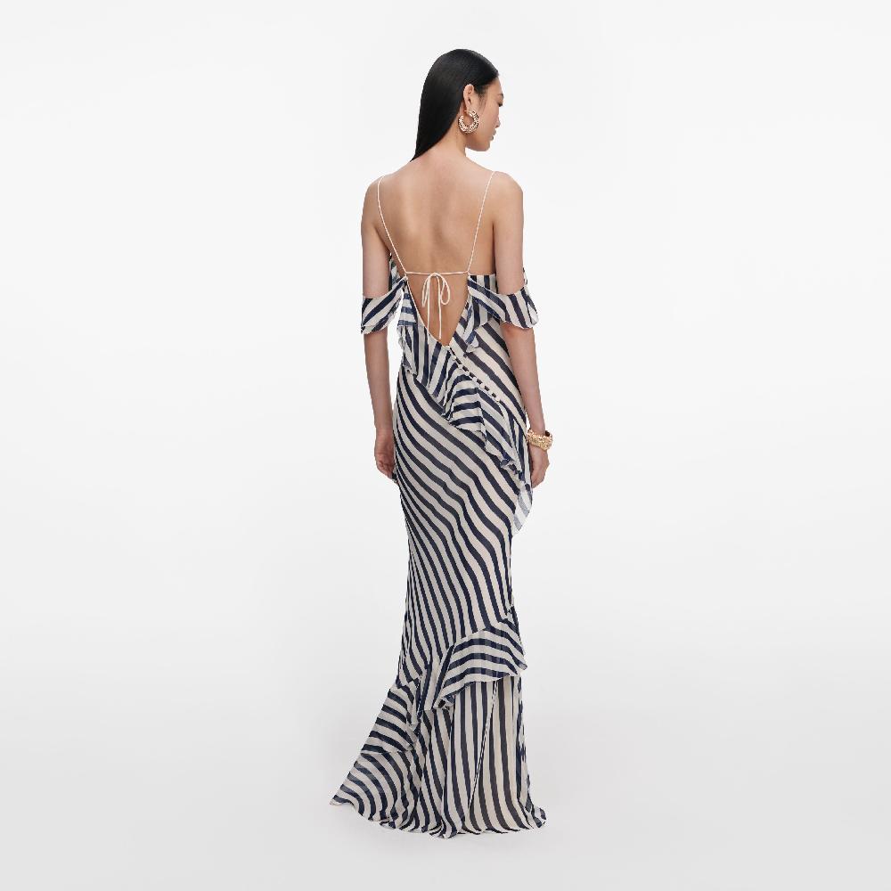 Self Portrait Navy Stripe Georgette Maxi Dress CLOTHING