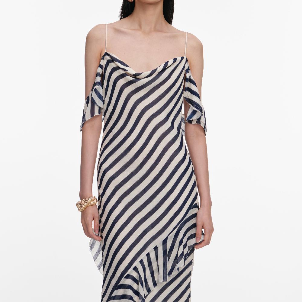 Self Portrait Navy Stripe Georgette Maxi Dress CLOTHING