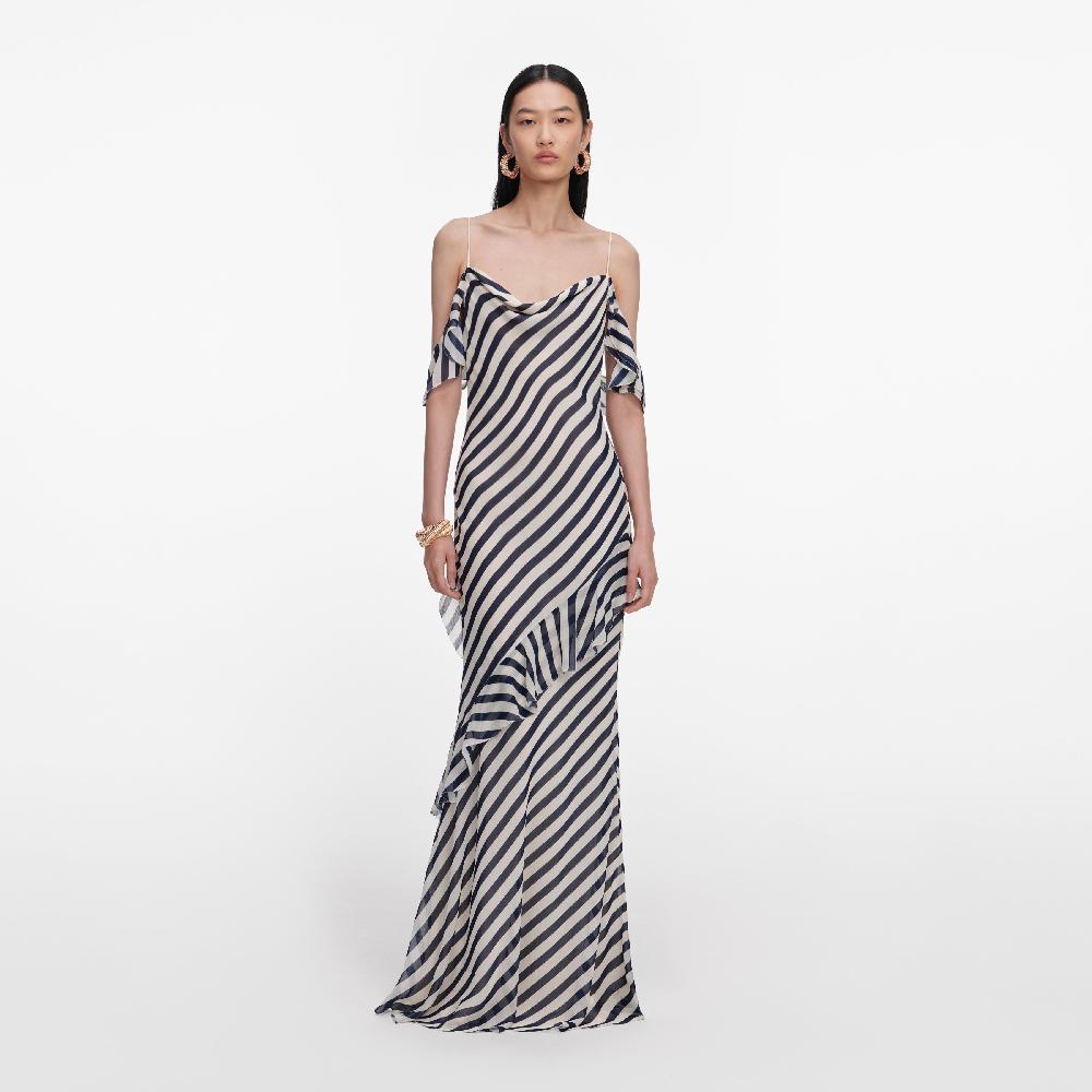 self portrait Navy Stripe Georgette Maxi Dress CLOTHING