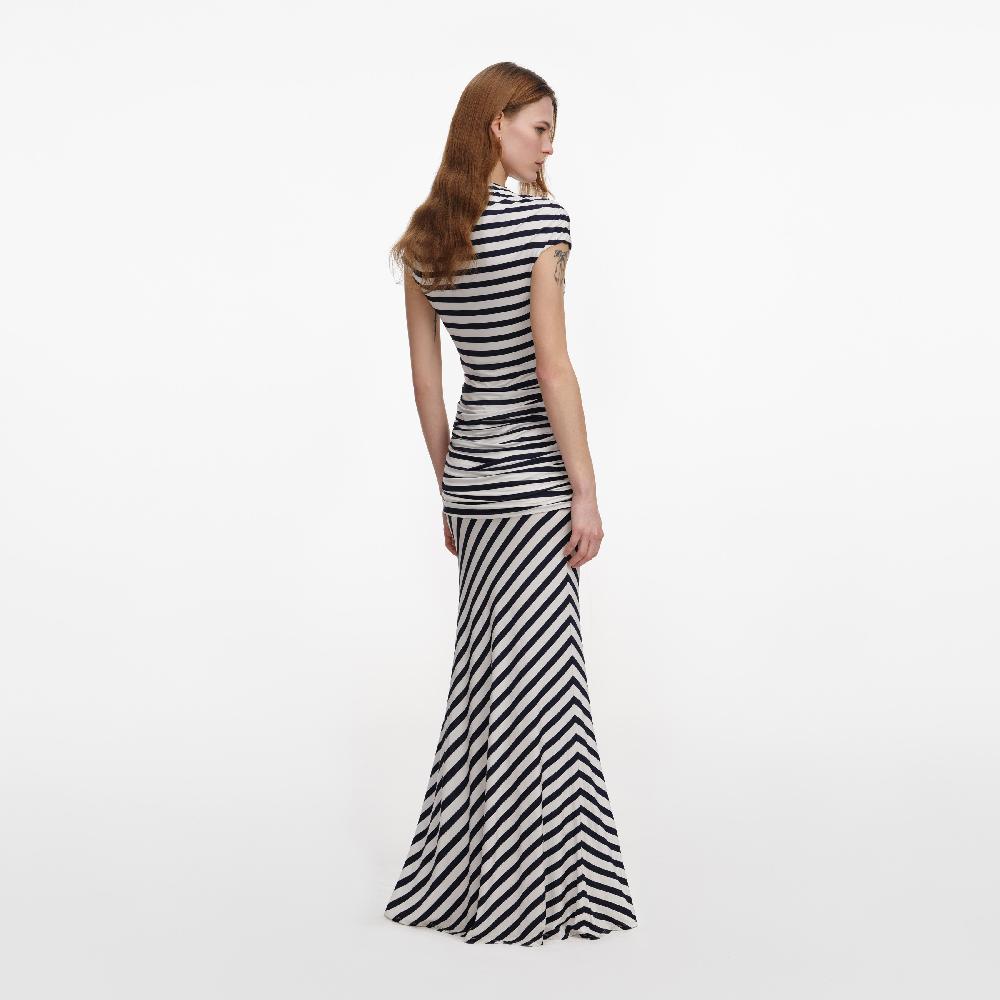 Self Portrait Navy Stripe Jersey Maxi Dress CLOTHING