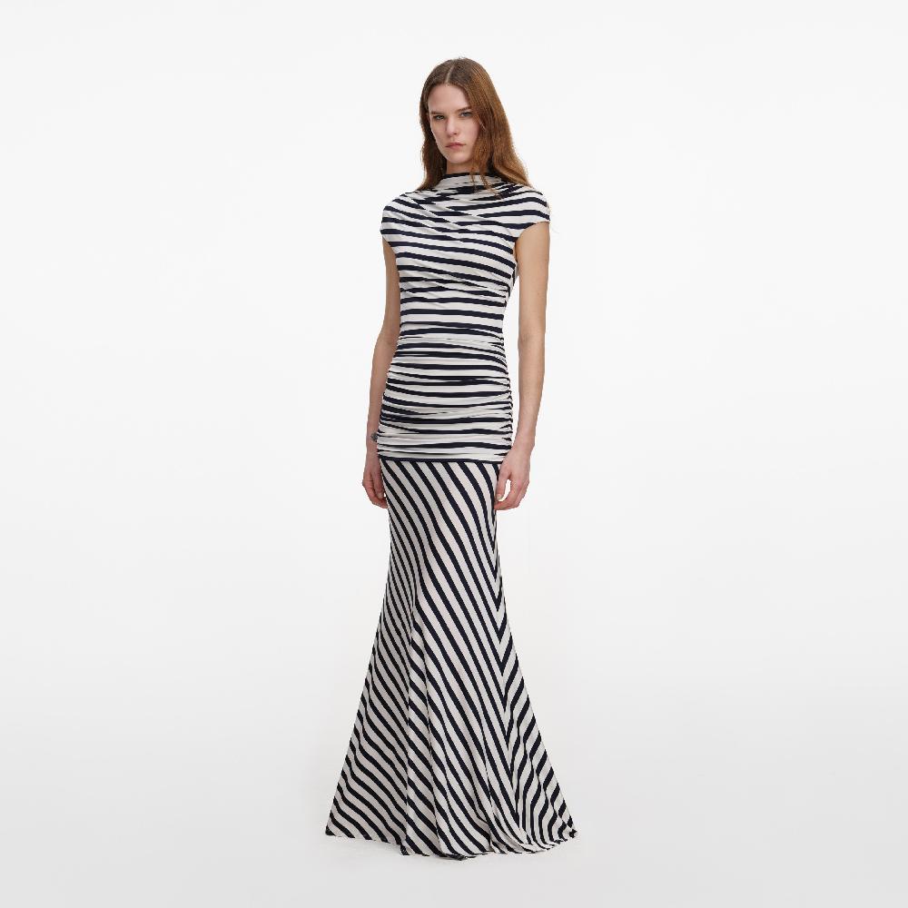 Self Portrait Navy Stripe Jersey Maxi Dress CLOTHING