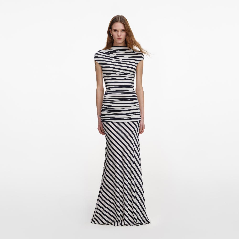 self portrait Navy Stripe Jersey Maxi Dress CLOTHING