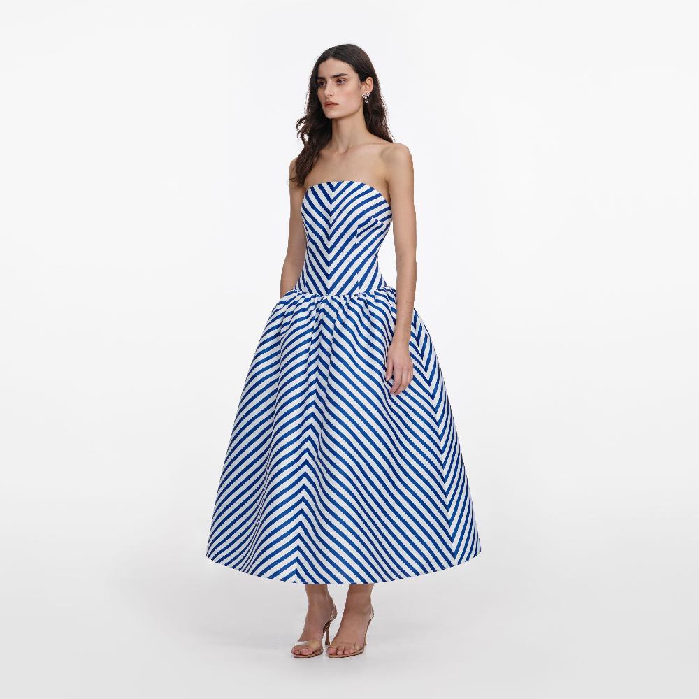 Self Portrait Navy Stripe Taffeta Midi Dress CLOTHING