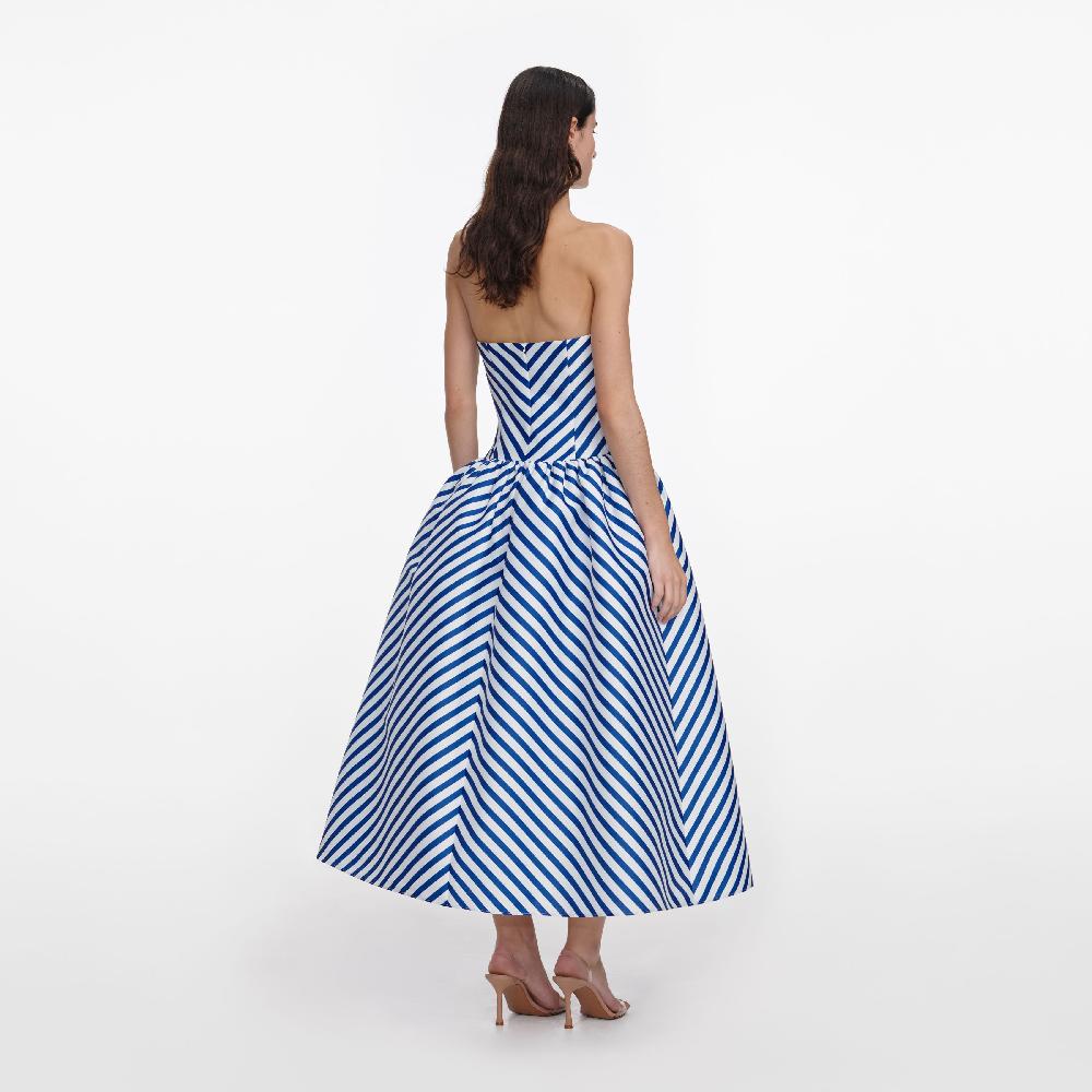Self Portrait Navy Stripe Taffeta Midi Dress CLOTHING