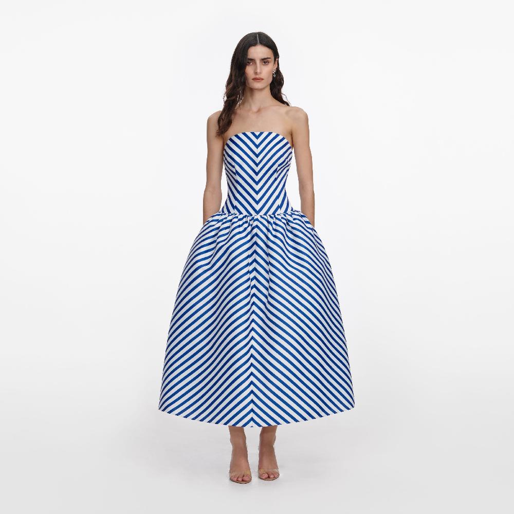self portrait Navy Stripe Taffeta Midi Dress CLOTHING