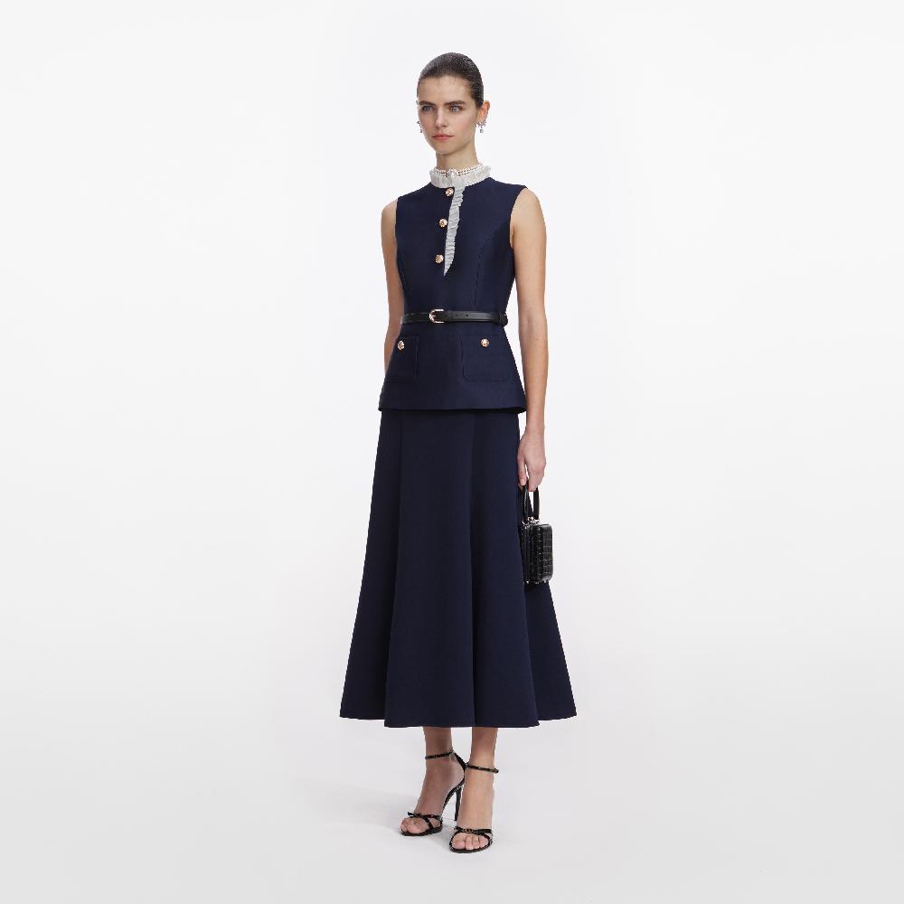 Self Portrait Navy Taffeta Contrast Frill Midi Dress CLOTHING