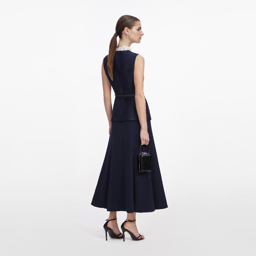 Self Portrait Navy Taffeta Contrast Frill Midi Dress CLOTHING