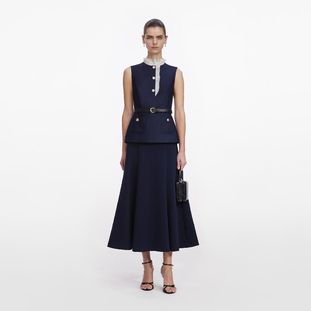 self portrait Navy Taffeta Contrast Frill Midi Dress CLOTHING