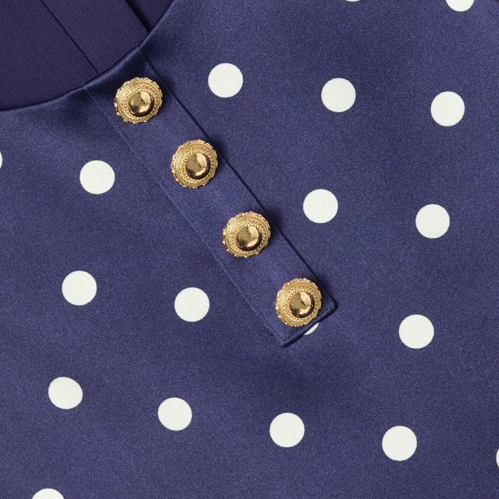 Self Portrait Navy Taffeta Polka Dot Button Down Dress KIDS