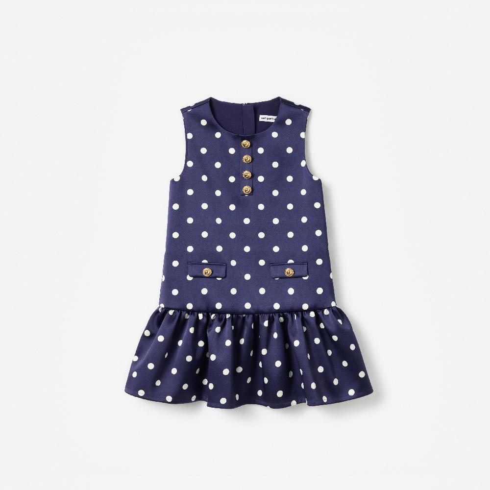 self portrait Navy Taffeta Polka Dot Button Down Dress KIDS