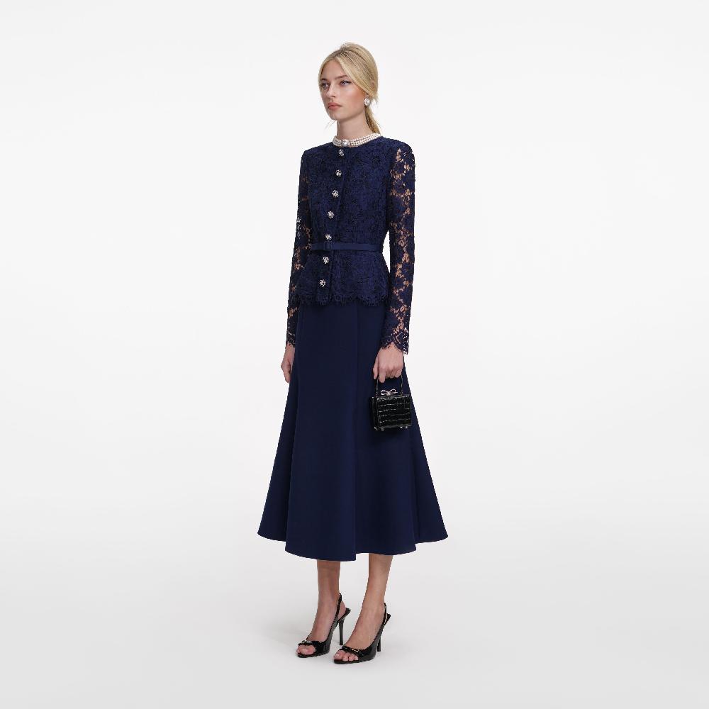 Self Portrait Navy Tailored Lace Midi Dress CLOTHING
