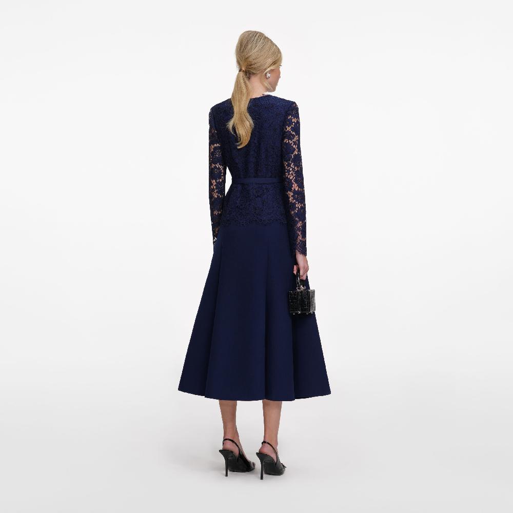 Self Portrait Navy Tailored Lace Midi Dress CLOTHING