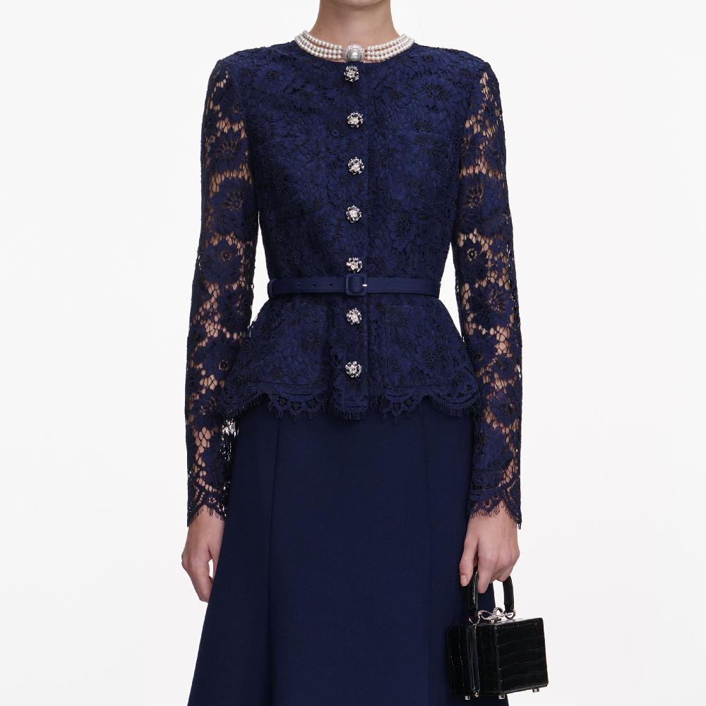 Self Portrait Navy Tailored Lace Midi Dress CLOTHING