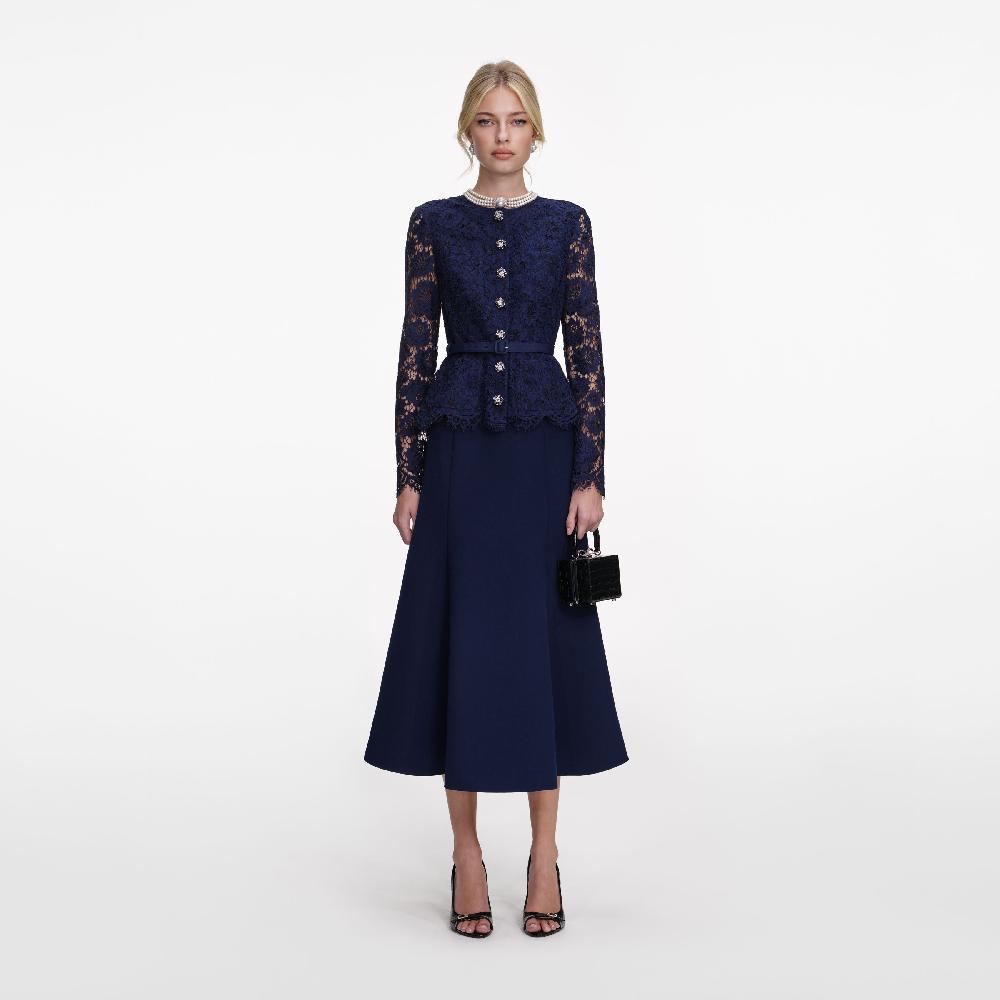 self portrait Navy Tailored Lace Midi Dress CLOTHING