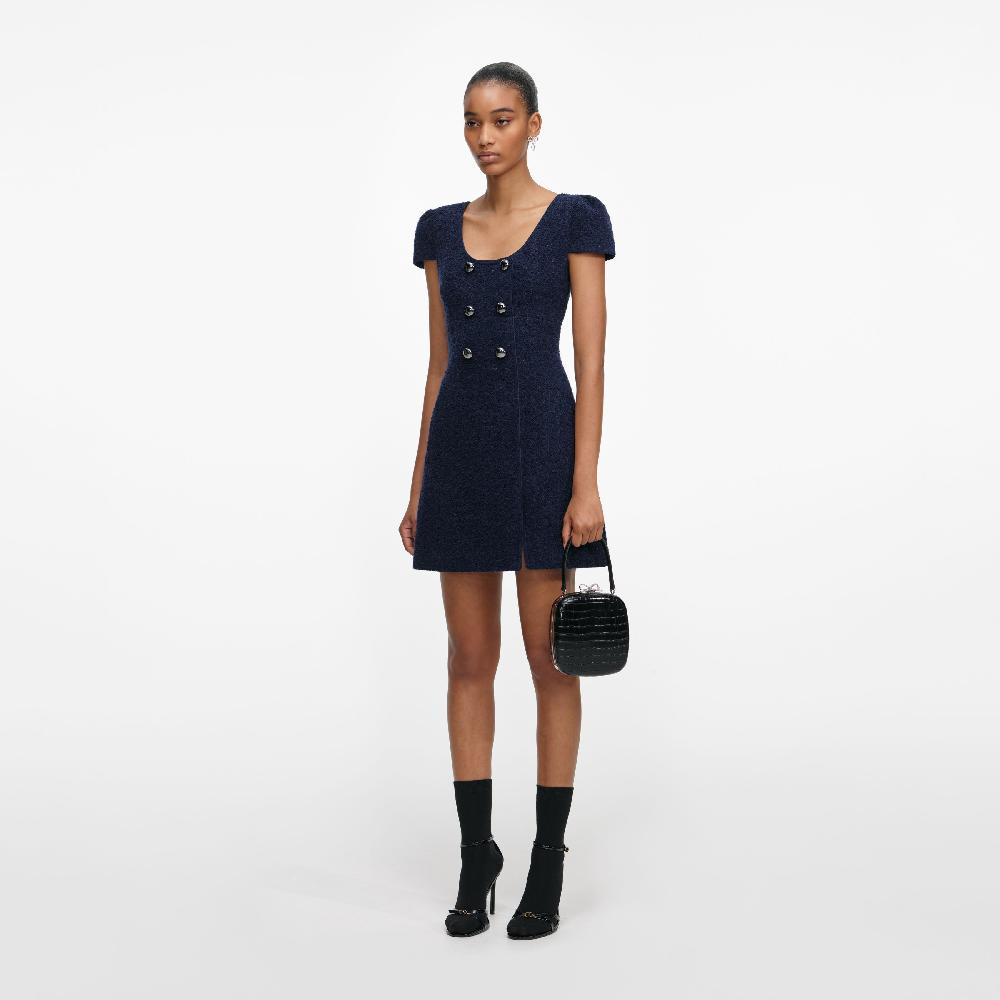 Self Portrait Navy Textured Boucle Mini Dress CLOTHING