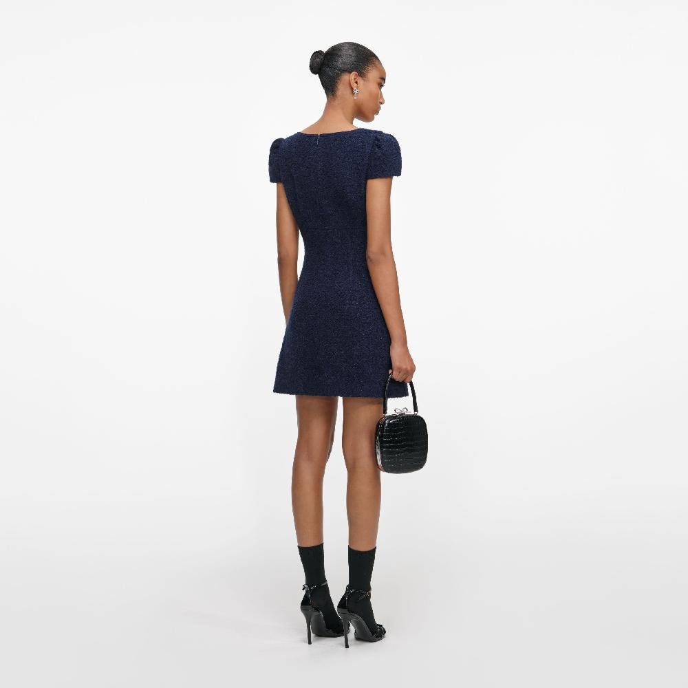 Self Portrait Navy Textured Boucle Mini Dress CLOTHING