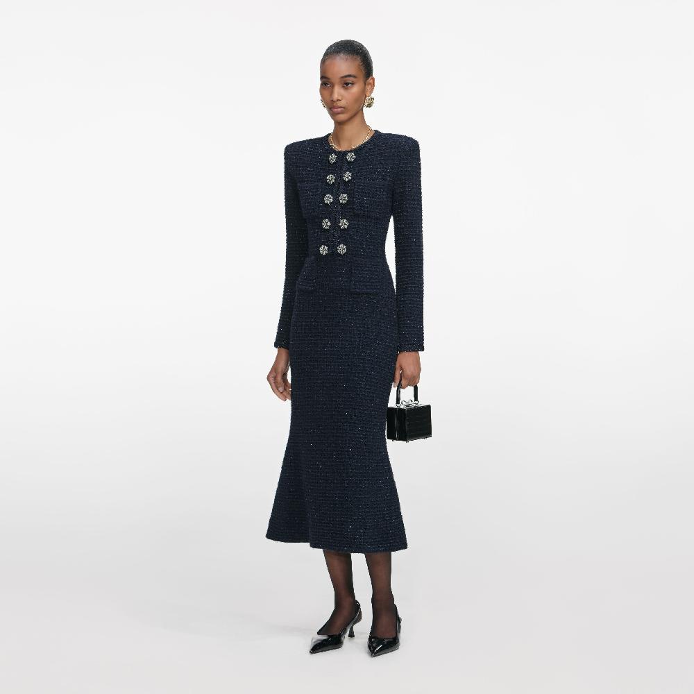 Self Portrait Navy Textured Knit Midi Dress CLOTHING