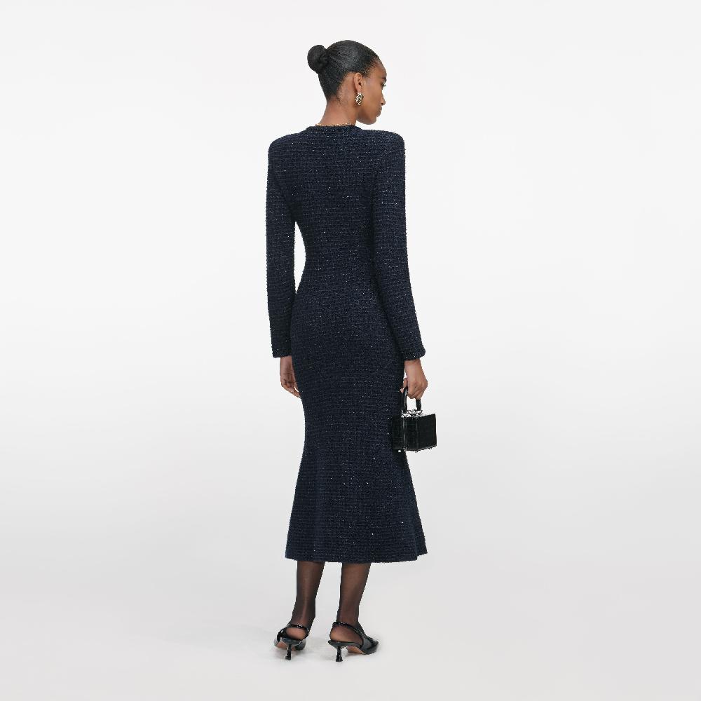 Self Portrait Navy Textured Knit Midi Dress CLOTHING