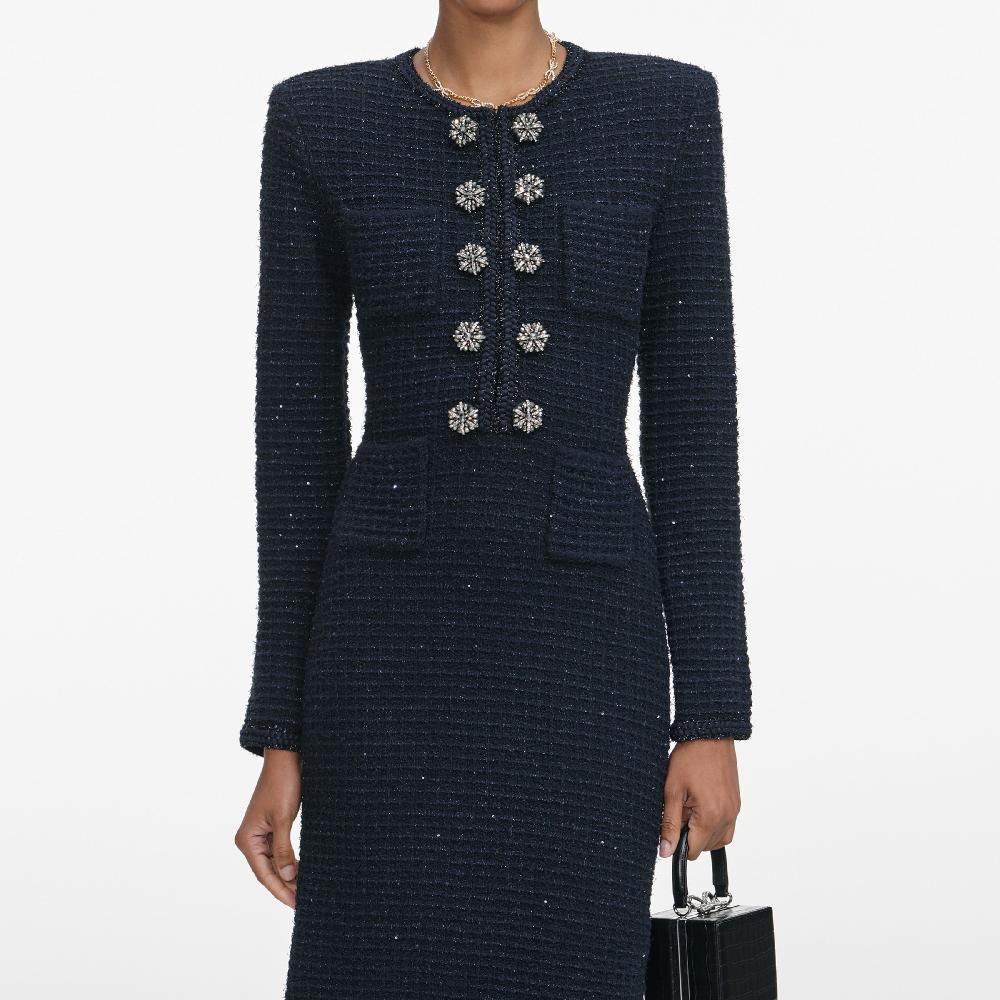 Self Portrait Navy Textured Knit Midi Dress CLOTHING