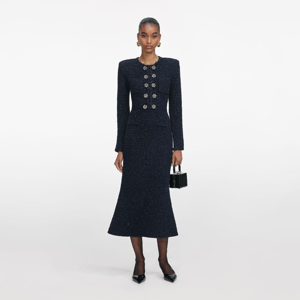 self portrait Navy Textured Knit Midi Dress CLOTHING
