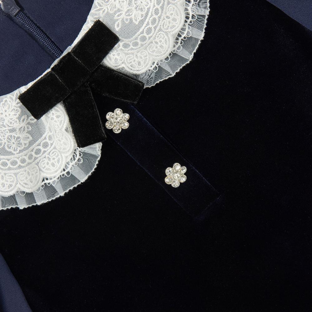 Self Portrait Navy Velvet Contrast Collar Dress KIDS