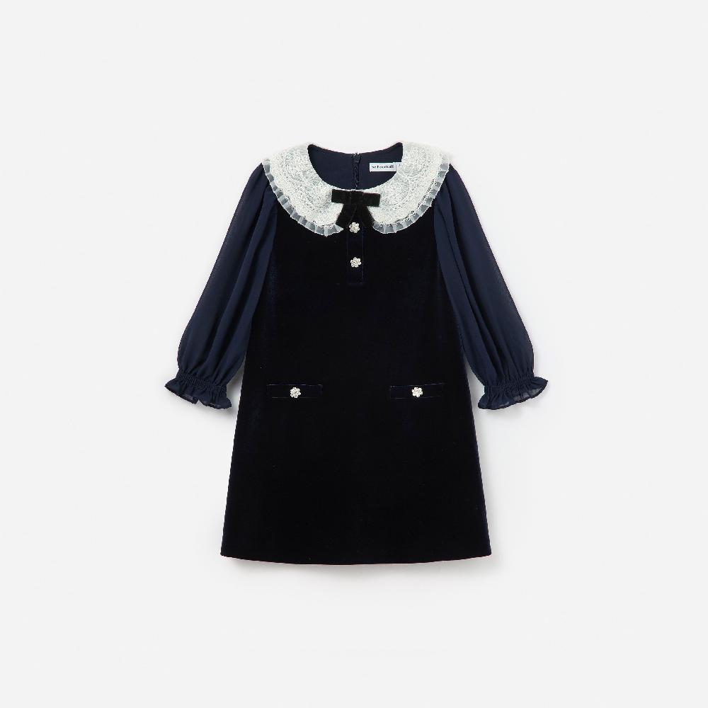 self portrait Navy Velvet Contrast Collar Dress KIDS