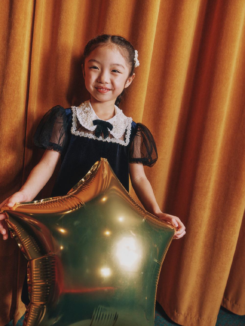 Self Portrait Navy Velvet Tulle Flower Trim Dress KIDS