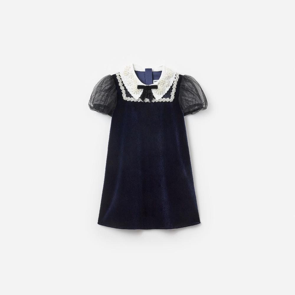 self portrait Navy Velvet Tulle Flower Trim Dress KIDS