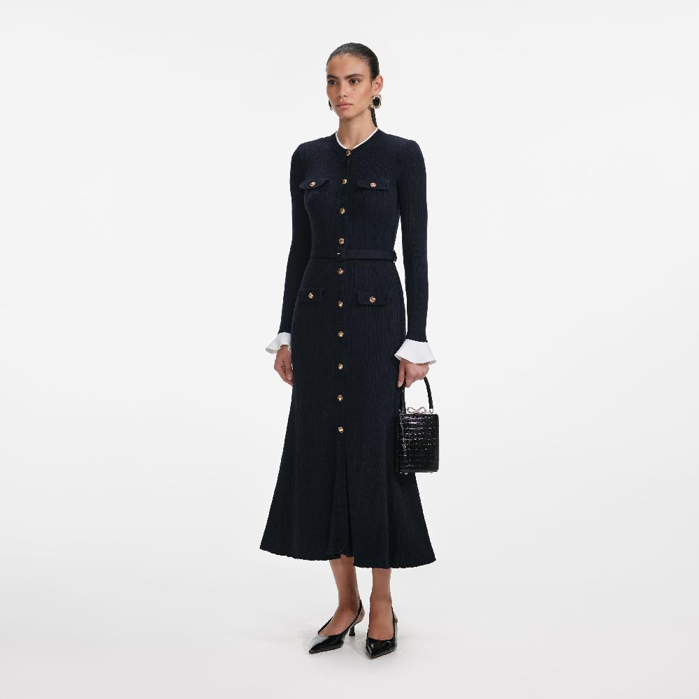Self Portrait Navy Viscose Knit Midi Dress CLOTHING