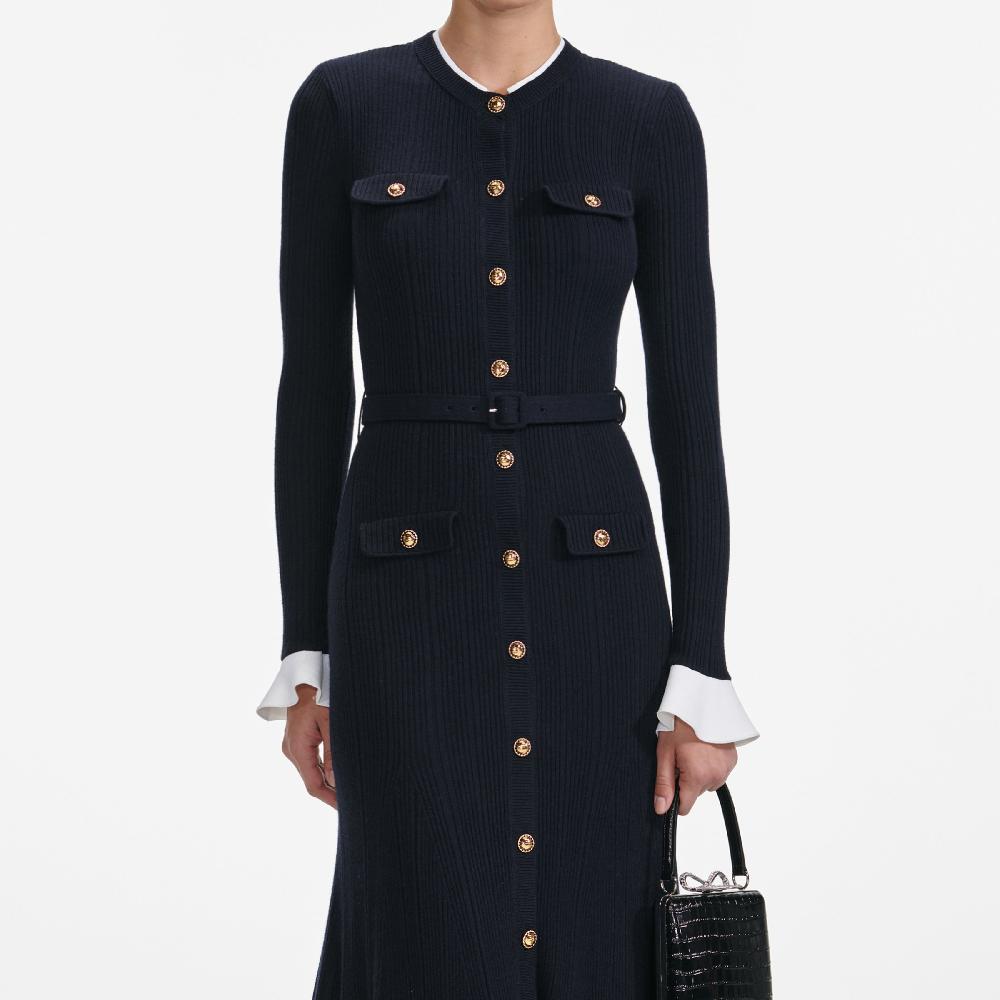 Self Portrait Navy Viscose Knit Midi Dress CLOTHING