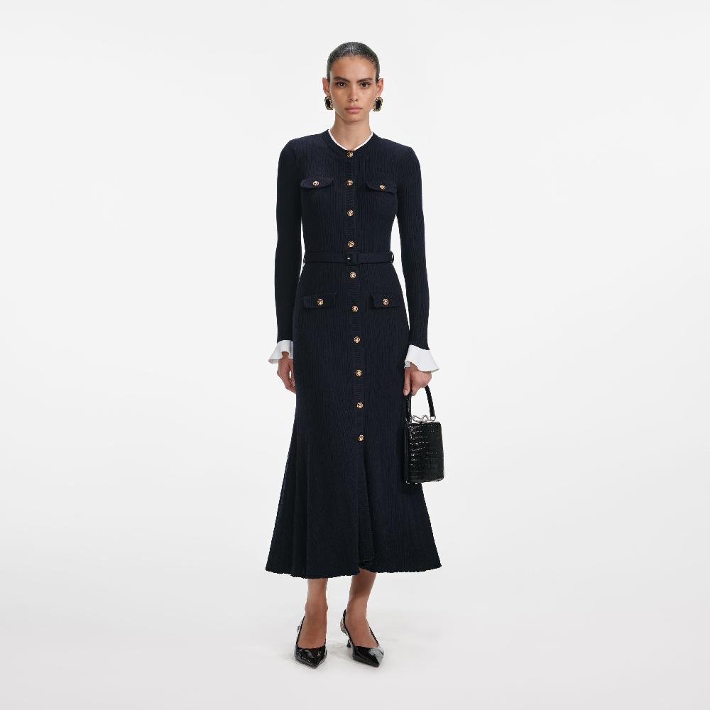 self portrait Navy Viscose Knit Midi Dress CLOTHING