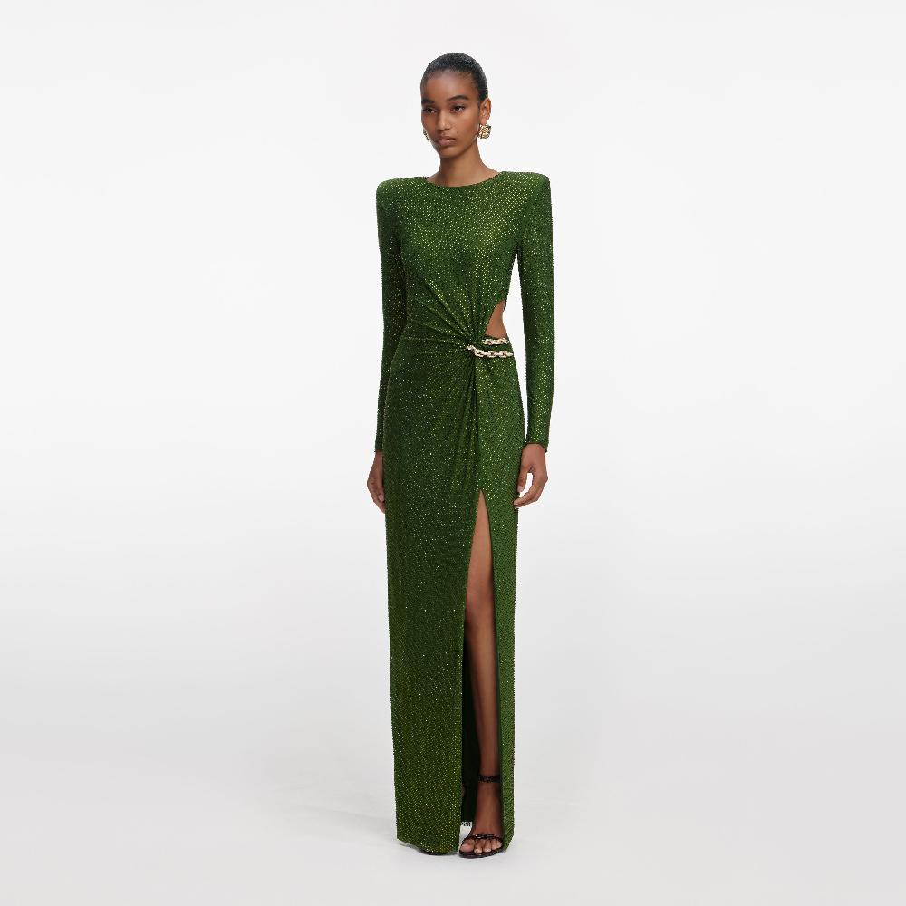 Self Portrait Olive Rhinestone Embellished Maxi Dress CLOTHING