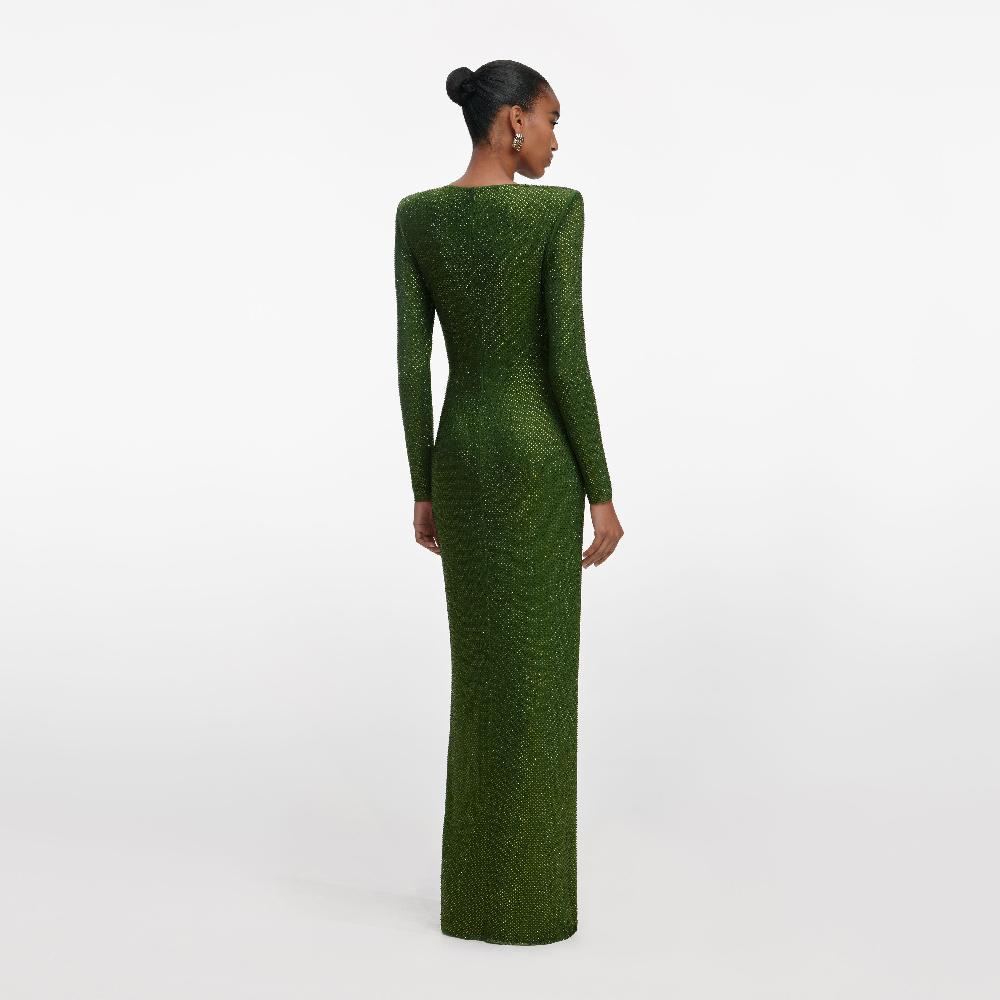 Self Portrait Olive Rhinestone Embellished Maxi Dress CLOTHING