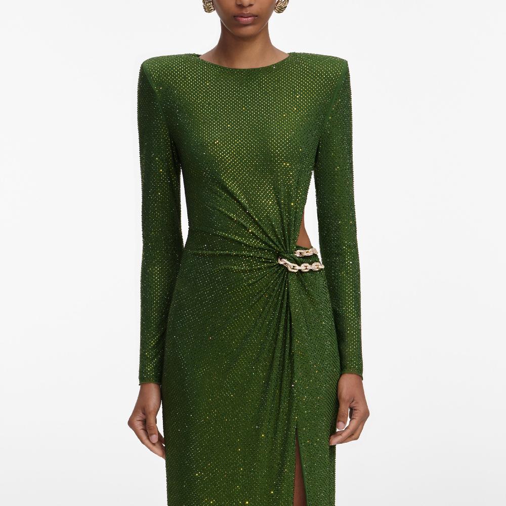 Self Portrait Olive Rhinestone Embellished Maxi Dress CLOTHING