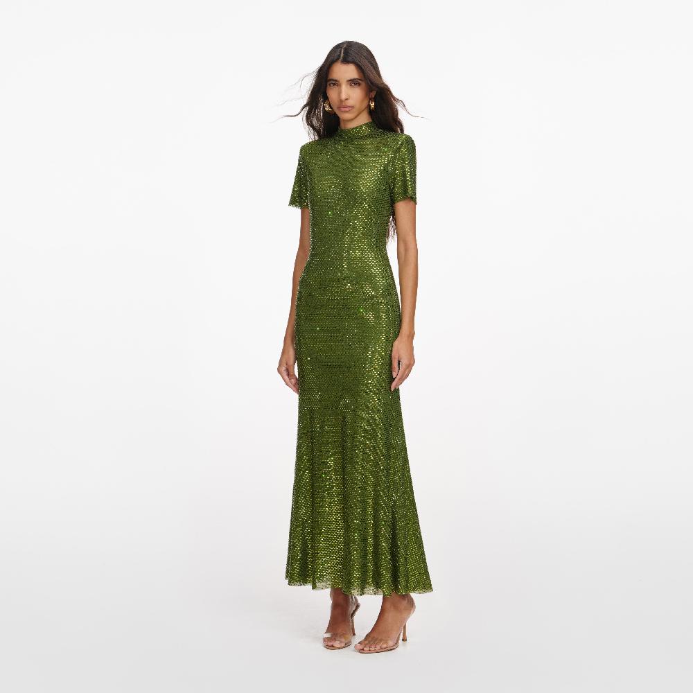 Self Portrait Olive Rhinestone Mesh Midi Dress CLOTHING