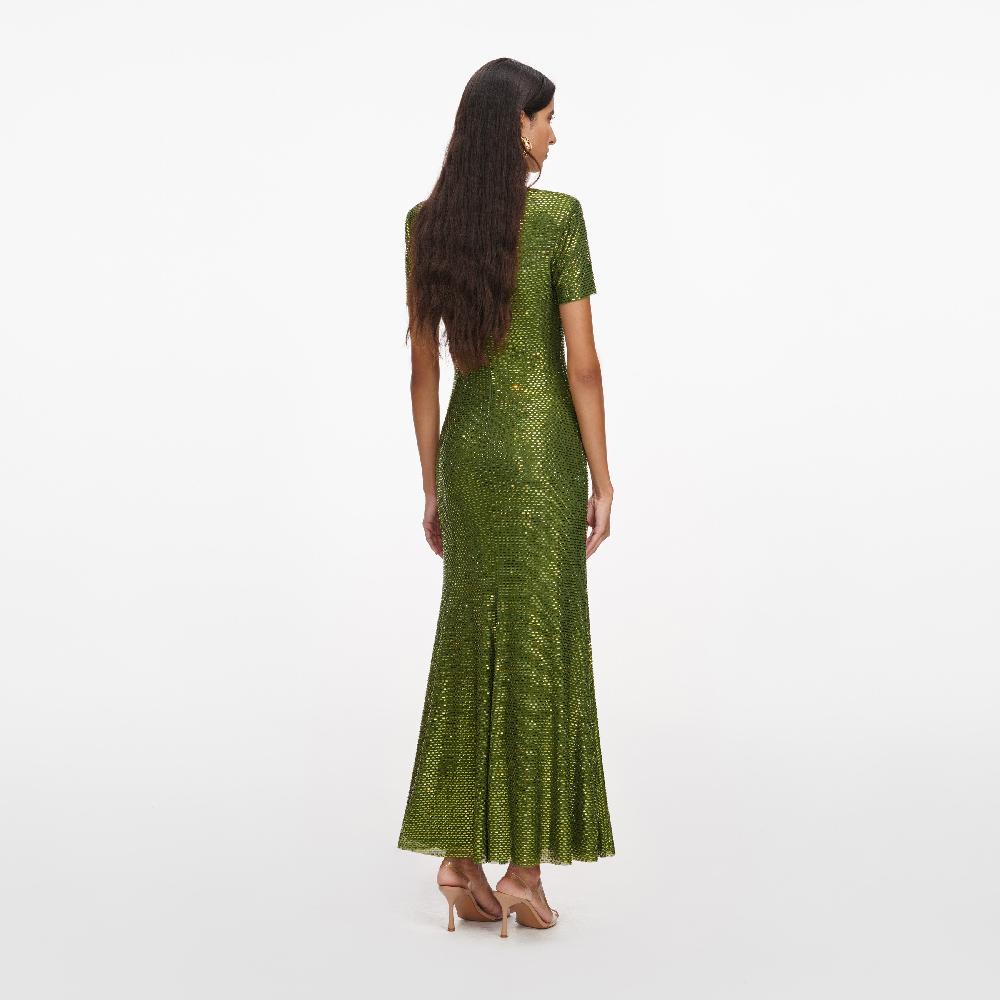 Self Portrait Olive Rhinestone Mesh Midi Dress CLOTHING