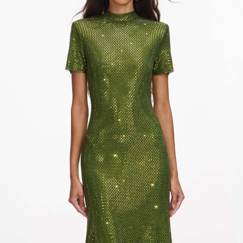 Self Portrait Olive Rhinestone Mesh Midi Dress CLOTHING