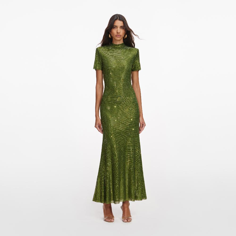 self portrait Olive Rhinestone Mesh Midi Dress CLOTHING