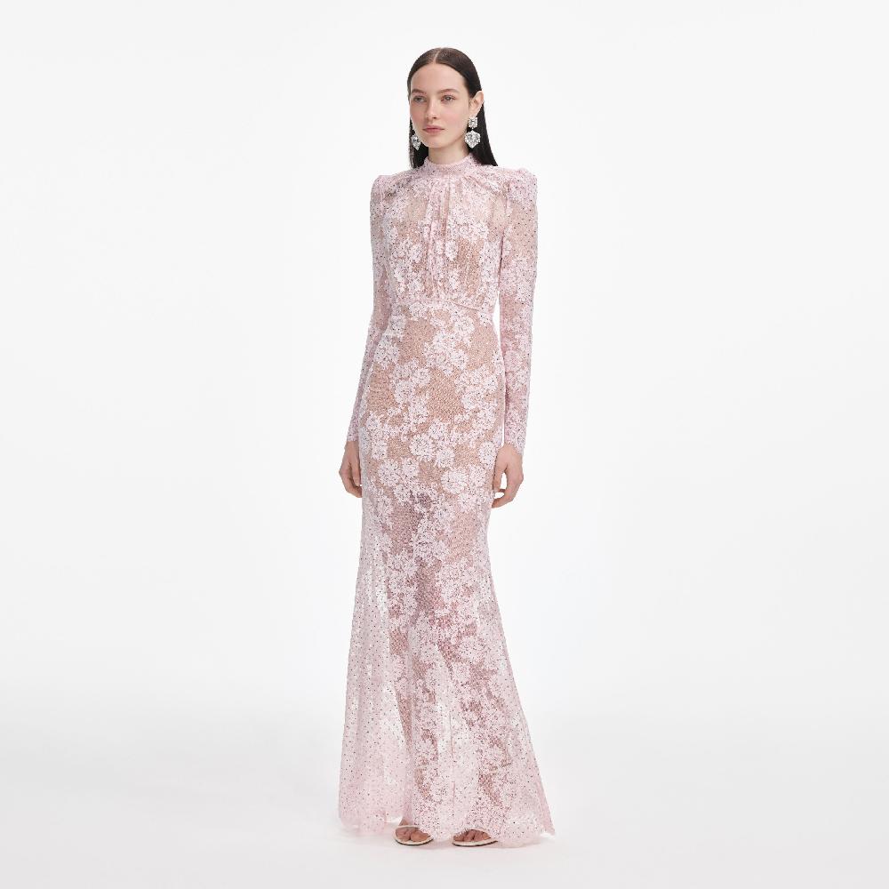 Self Portrait Pale Pink Rhinestone Lace Maxi Dress CLOTHING