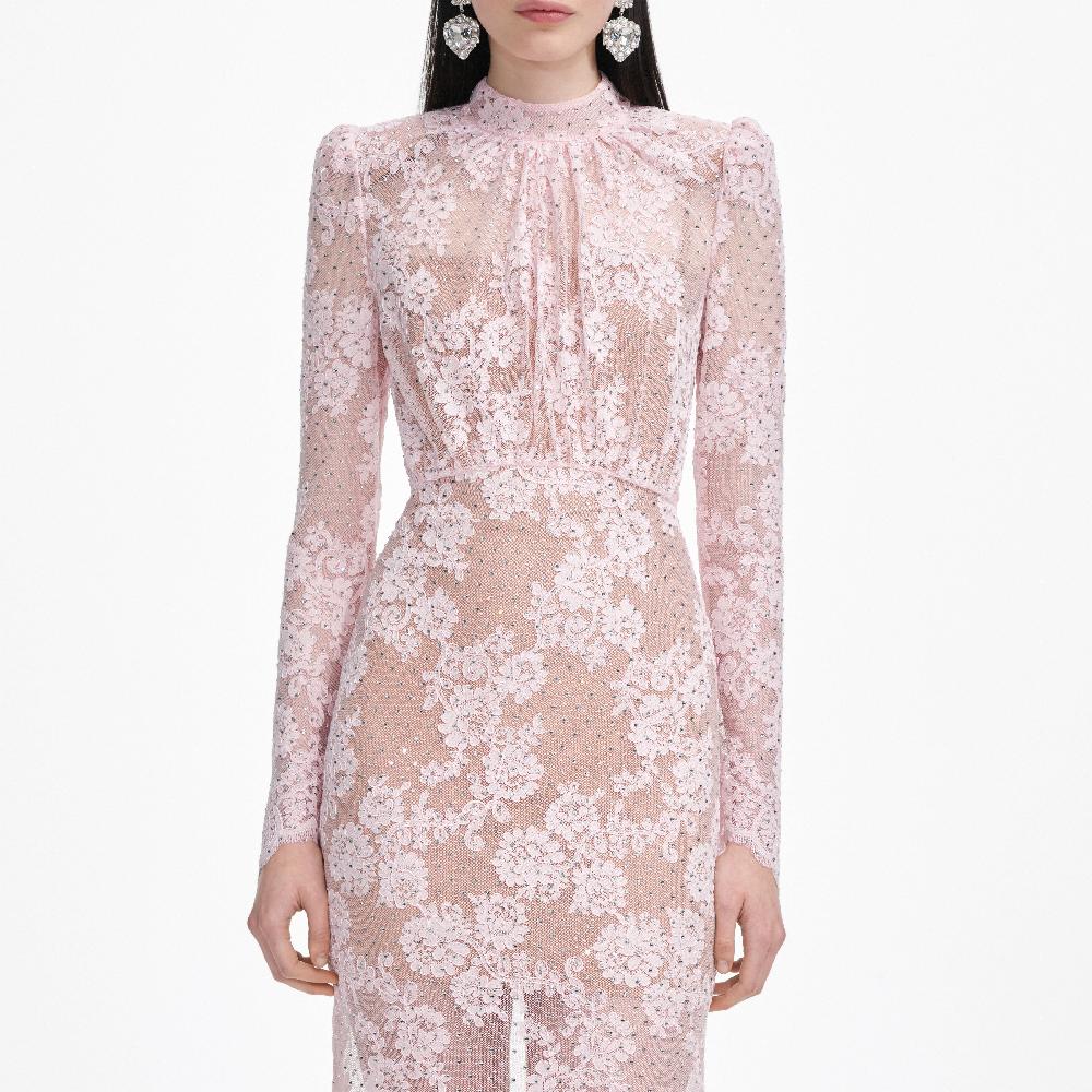 Self Portrait Pale Pink Rhinestone Lace Maxi Dress CLOTHING