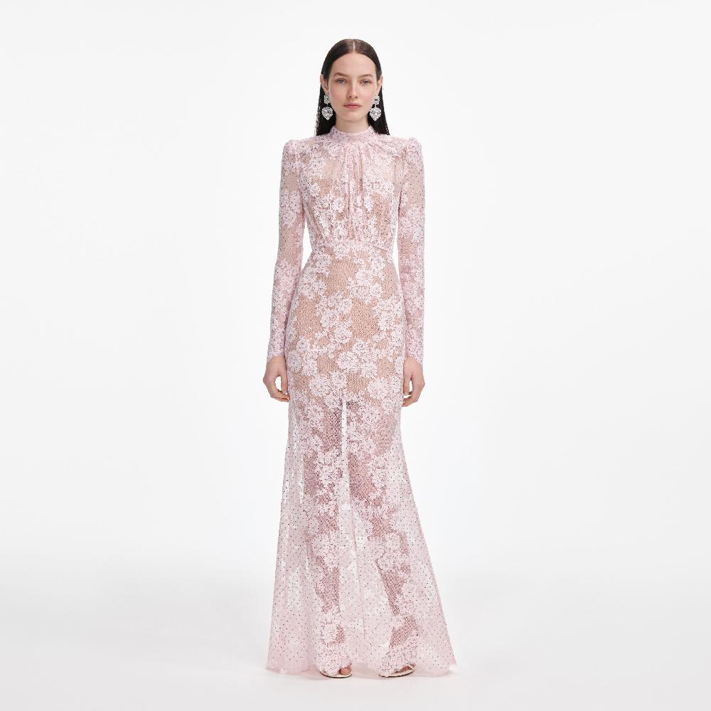 self portrait Pale Pink Rhinestone Lace Maxi Dress CLOTHING