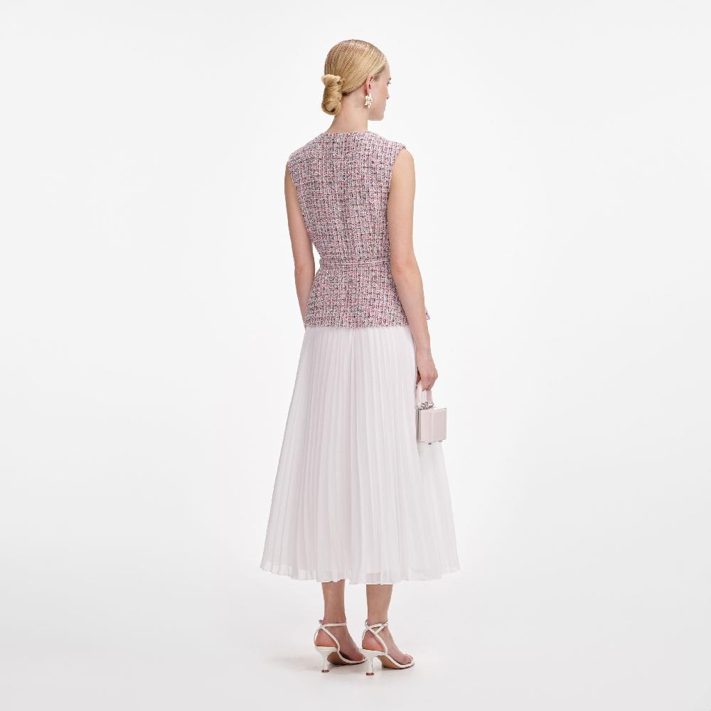 Self Portrait Pink Boucle Chiffon Midi Dress CLOTHING